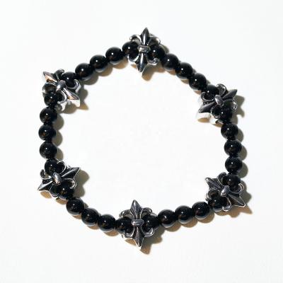 China Punk Rock Punk Style Six Charms Stainless Steel Black Onyx Nature Stone Beaded Bracelets for sale