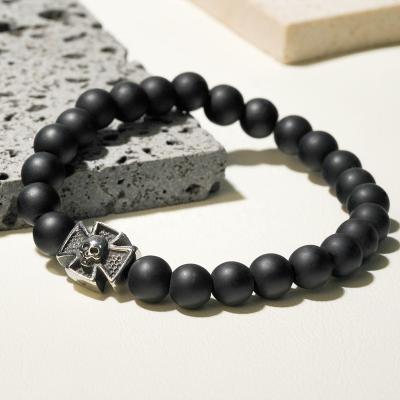 China Punk Rock Punk Style Cross Skull Stainless Steel Charms Nature Black Stone Beaded Bracelets for sale