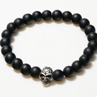 China Custom Punk Rock Skull Tiger Eye Nature Stone Beaded Stainless Steel Unisex Bracelet for sale