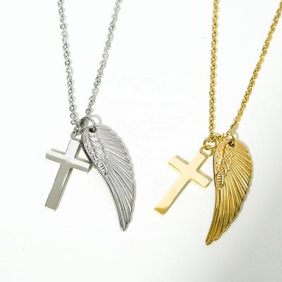 China FASHIONABLE Trendy 18K Gold Plated Cross Wings Pendants Stainless Steel Jewelry Necklace for sale