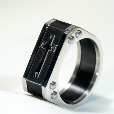 China Black Square Style Chunky Cross Stainless Steel Men's Cool Stylish Custom Punk Rings for sale