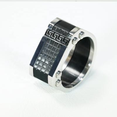 China Cool Stylish Design Custom Black Square Grid Chunky Stainless Steel Punk Rings For Men for sale