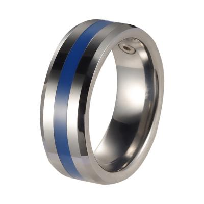 China CLASSIC Quality Chunky Blue Inlay High Polished Beveled Edges Tungsten Steel Wedding Rings For Men for sale