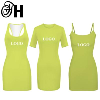 China Anti-Wrinkle Customize Logo Print Women Summer Club Dress Sleeveless Round Neck Solid Mini Sexy Bodycon Casual Ribbed Women Beach Top Dress for sale