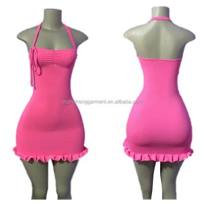 China 2021 Fashion Breathable Design Halter Butterfly Ruched Hot Pink Plus Size Sexy Club Mini Bodycon Dress Women Off-shoulder for sale