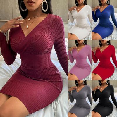 China 2022 Breathable Style Long Sleeve Deep V-Neckline Springs New Solid Color Women Dresses Sexy Bodycon Ribbed Dress for sale