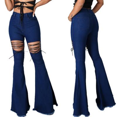 China QUICK DRY Sexy Lace Washed Denim Stretch Slim Flare Pants Pants Casual Women's Clothing 2021 New Arrivals Women's for sale