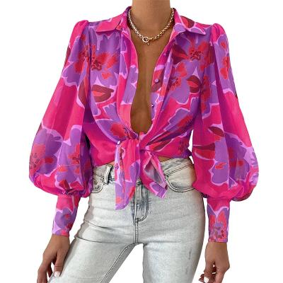 China Hot Selling Sexy Cardigan Breathable Loose Puff Sleeve Printed Blouse Shirt Women Tops Summer Fashionable for sale