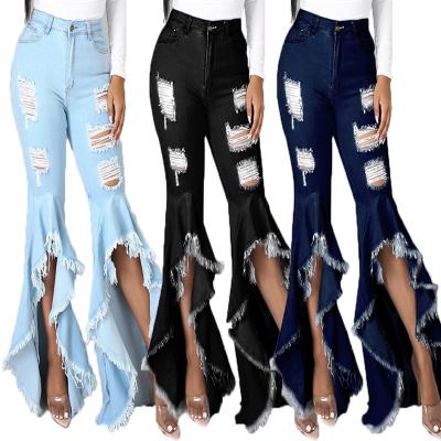 China Fashion QUICK DRY plus size sexy irregular women pants and pants women ripped hole washed denim flare jeans for sale