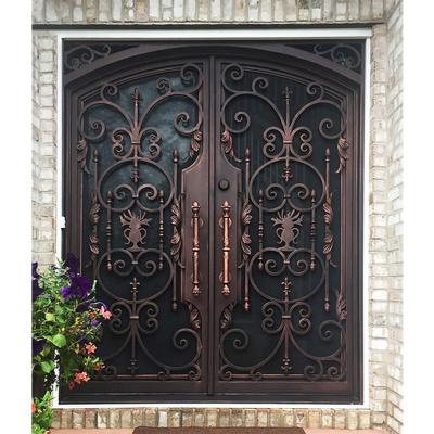 China JURUI Factory Direct Sale Modern Wrought Iron With Glass Door Grill Exterior Designs Iron Door Security Entry Door Smart for sale