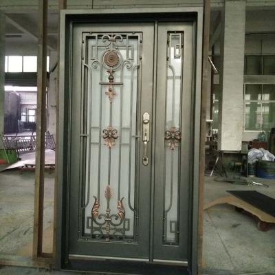 China JURUI Factory Direct Sale Modern Wrought Iron With Glass Door Grill Exterior Designs Iron Door Security Entry Door Smart for sale