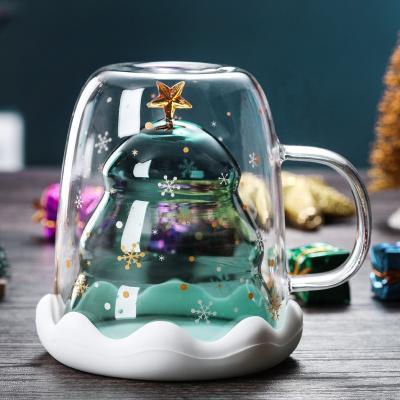 China New Sustainable Christmas Tree Mug Wall Borosilicate Glass Cup Non heatdouble Christmas Mug for sale