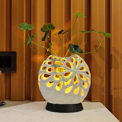 China Modern Ceramic Hollow Remote Control Night Light Multicolor Led Flower Vase Table Desk Lamp For Bedroom Living Room Decor Home Gift for sale