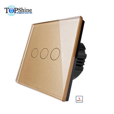 China Waterproof 3 Gang Tempered Glass Gold Panel Capacitive Touch Switch For Touch Control Smart Lighting for sale