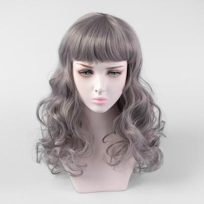 China Retouch Natural Realistic Matte Face Hairpiece Popular Female Amazon Long Qi Silk High Temperature Hair Bangs Long Gray Curly Hair for sale