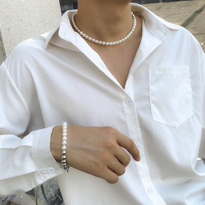 China SHIXIN Hip Hop TRENDY Pearl Jewelry Set CCB Pearl Choker Necklace Punk Bracelet Set Gold Silver Trendy Necklace Bracelet For Men for sale