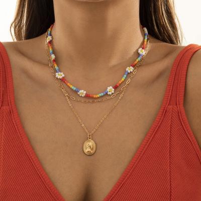 China SHIXIN Bohemia Fashionable Multi Color Pearl Layered Necklace Beautiful Flower Portrait Necklace Gold Link Chain Pendant Necklace For Women for sale