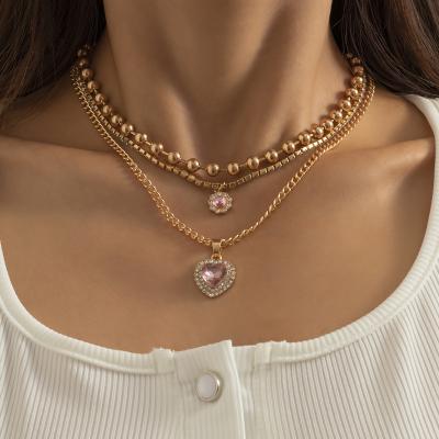 China Tasty SHIXIN Necklace Heart Crystal Layered Necklace Ball Chain Rhinestone Romantic Pink Tennis Necklace For Women Men for sale