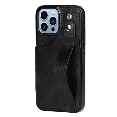 China Fashion newcomer Amazon fashion hot sale kickstand shockproof wallet wrist strap leather cell phone case for iphone 14 pro max for sale