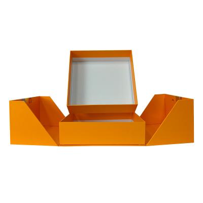 China Recyclable Custom Logo Factory two gate fold box Rigid Cardboard Packaging orange Paper gift box Printed Logo for sale