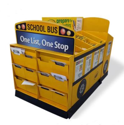 China Waterproof Custom Bus Shape Exhibition Shelf Pallet Display Cardboard Corrugated Floor Display for sale