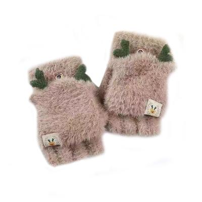 China S02 rabbit half finger flap female winter student writing rabbit cartoon plush winter padded thickening warm gloves for sale