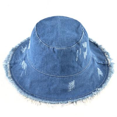 China Image Summer Wide Brim Washed Denim Beach Bucket Hats Women Fashion Tassel Sun Floppy Hat for sale