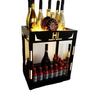 China Custom Moet Display Glow Wine LED Bottle Display Racks Cabinet Suitcase Iron and Acrylic Fire Paint Process Cage for Bar Champagne Nightclub for sale