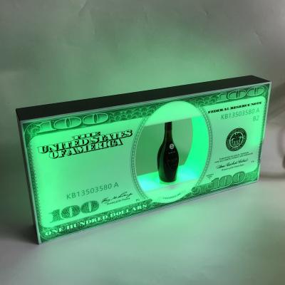 China Night Club And Lounge Customized Nightclub Bottle Showcasing Dollar Bills Sign Board for sale