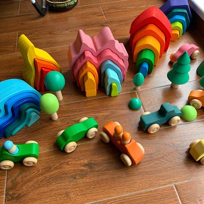 China Construction Toy Baby Wood Tree Car Volcano Coral Sea Wave Shape Rainbow Montessori Toy Wooden Stacker Rainbow Blocks for sale