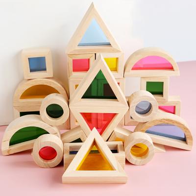 China Rainbow Wooden Blocks Sensory Solid Rubber Wood Stacking Buliding Acrylic Blocks Toy Wooden Rainbow Baby Acrylic Toy for sale