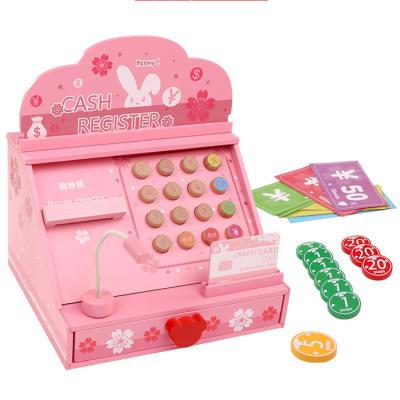 China Toy Wood Mini Pink Supermarket Toy Pretend Play Cashier Register Funny Educational Cash Register Toys for sale