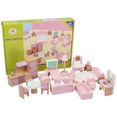 China Pink Educational DIY TOY 22pcs pretend play toys children girls furniture 1:12 wooden miniature dollhouse diy for sale