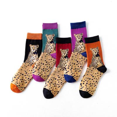 China Antibacterial Antibacterial Fashion Custom Leopard Jacquard Combed Cotton Crew Socks For Women Ladies Girls for sale