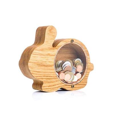 China Customized Cute Animal Solid Wood Creative Home Decoration Eco-friendly Change Coin Piggy Bank Retro Ornaments Wooden Letter Piggy Bank for sale