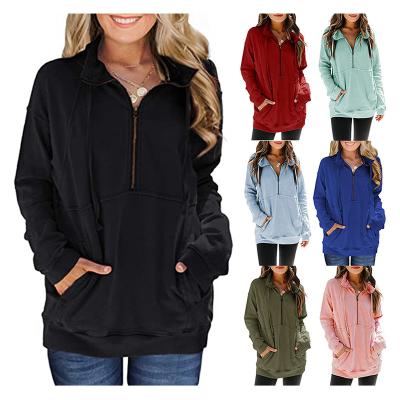 China Custom Women Hoodies Spring Anti-wrinkle Long Sleeve Solid Color Cotton Casual Hoodie With Half Zipper for sale