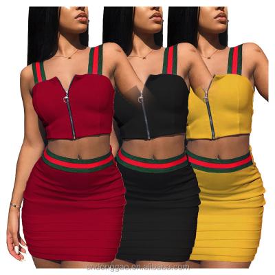 China Anti-pilling Women Front Zipper Strap Crop Top and Mini Skirts Outfits Sexy Patchwork 2 Piece Set Sexy Clubwear for sale