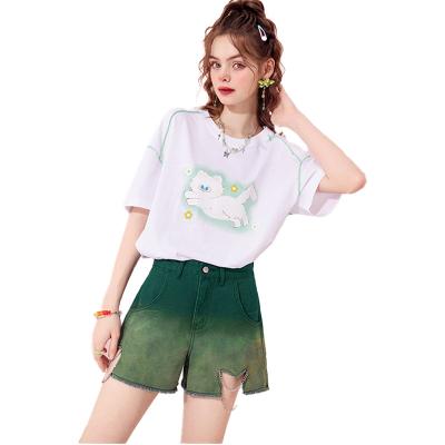 China 2023 New Fashion Custom Girls Summer Casual Short Breathable Mini Streetwear Hip Pop Denim Gradient Color Women Abbreviation for sale