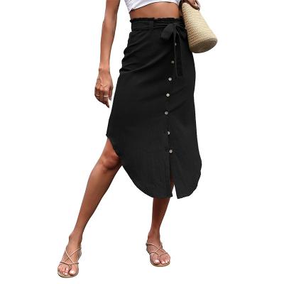 China 2023 Summer Breathable Elegant Fashion Vintage High Waist Midi Length Skirt For Women Irregularity Solid Color Lace Up Slit Skirt for sale