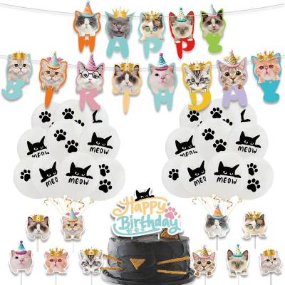 China Festival Decoration Meow Cat Head Balloon Pet Cat Theme Party Balloon Flag Set Birthday Banner Cake Insert Decoration for sale