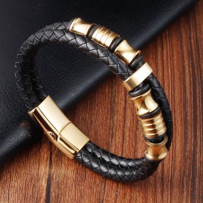 China Flexible Luxury Accessories High Finish Stainless Steel Customize Black Brown Braided Leather Bracelet For Men's Birthday Gift for sale