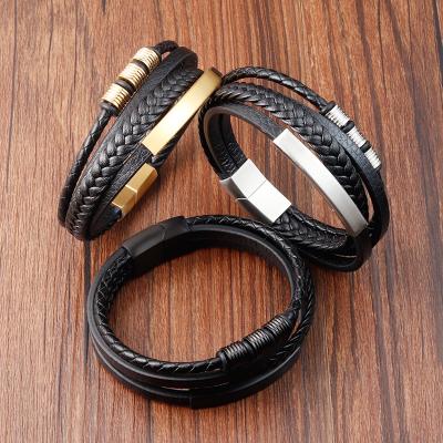 China 2021 Fashionable New Design High Quality Flexible Wrap Braided Black Genuine Leather Strap With Magnetic Stainless Steel Closure Leather Br for sale