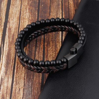 China Flexible Natural Volcanic Stone Titanium Steel Multilayer Leather Bracelet Jewelry Stainless Steel Braided Leather Men's Bracelet for sale