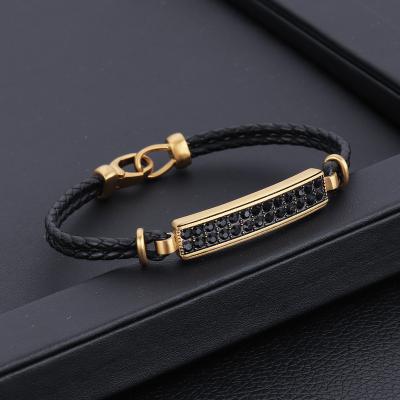 China Men's Jewelry Set Stainless Steel Diamond Necklace Ring Leather Bracelet High Quality for sale