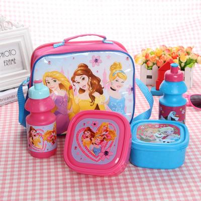 China Sustainable Cartoon Food Box Plastic Water Bottle Set Children Kids Lunch Bag Set for sale