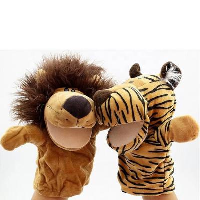 China Popular customize various style wild animal tiger, lion plush hand finger puppets for kids play, education for sale