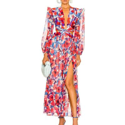 China Holiday Flower Pattern Breathable Hot Sale Floral Chiffon Printed Beach Maxi Dresses Women Long Sleeve Side Split Dress for sale