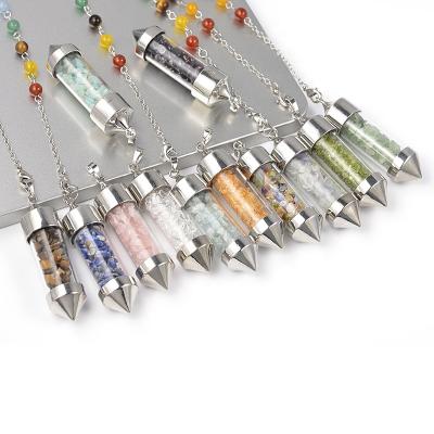 China Fashion 7 Seven Chakra Garnet Crystal Rose Quartz Chips Bullet Gemstone Silver Point Pendulum Pendant Latest Vintage Design for sale