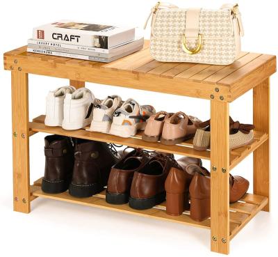 China Sustainable Wooden Shoe Rack Bench 3-Tier Shoe Shelf Organizer Holds for sale