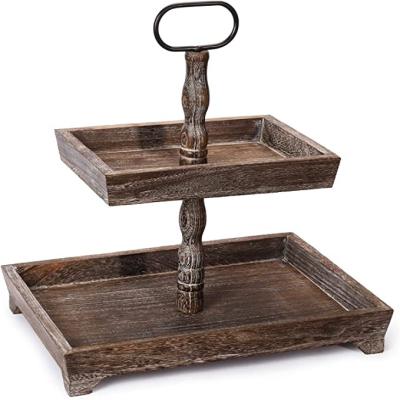 China Rustic Brown Distressed Wooden Tray Wooden Tiered Tray Stand 2 for sale